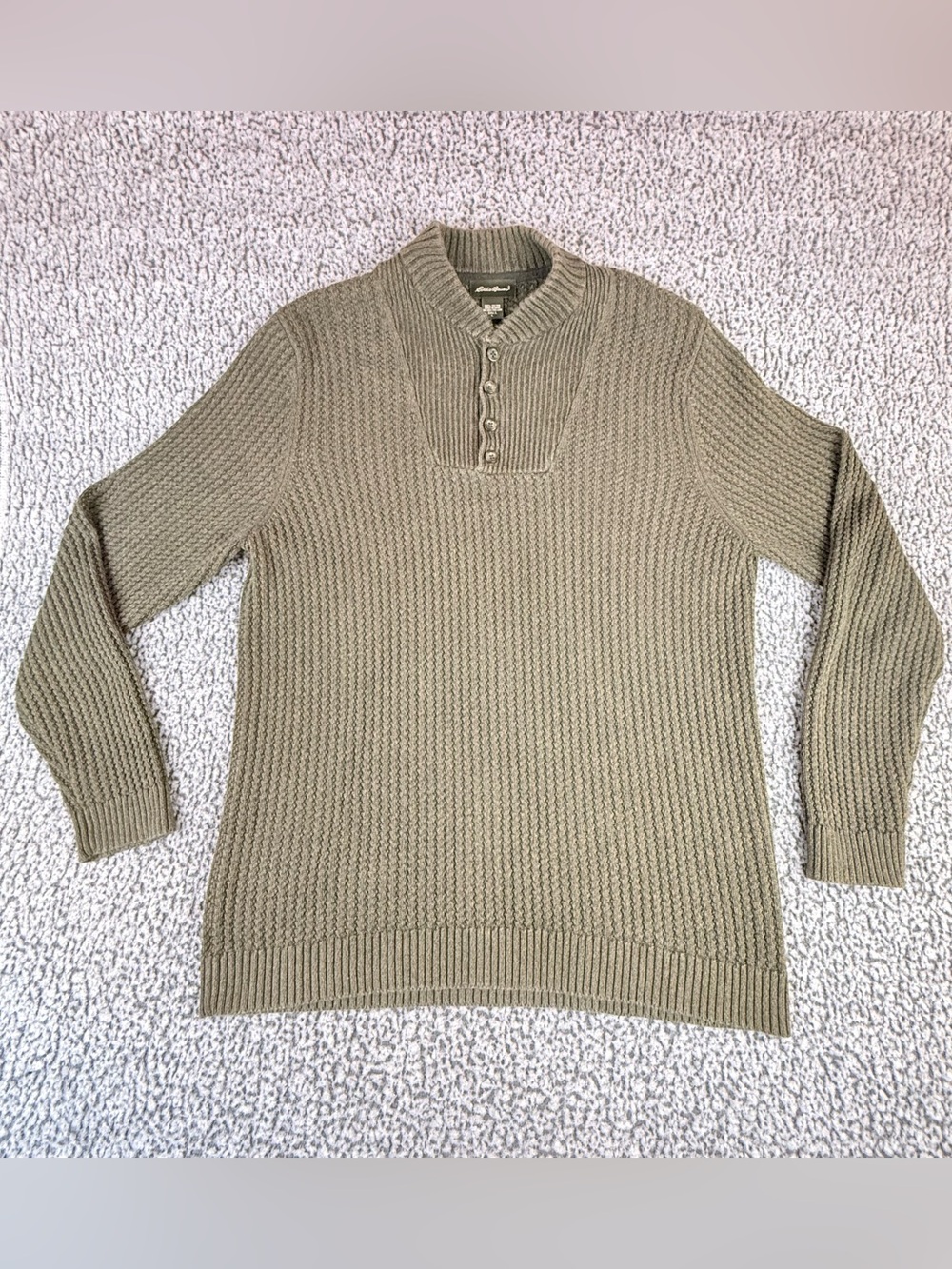 Eddie Bauer Sweater Mens L Tall Green Henley Shawl Collar Cotton Knit Waffle